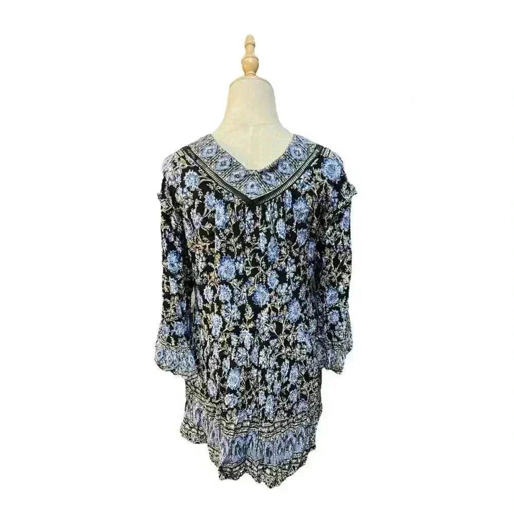 Free People Moonlight Dance Tunic Top Size Small Black Blue OVERSIZED Size S - Picture 4 of 7